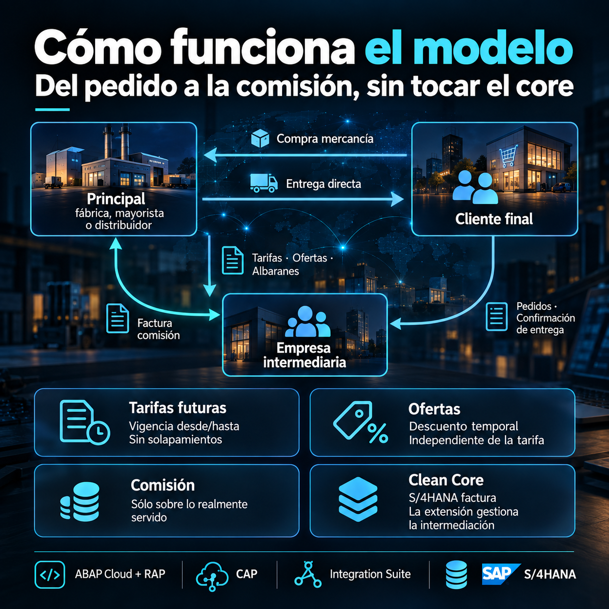 Arquitectura inicial del laboratorio modern-sap-lab: intermediación comercial con Clean Core
