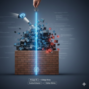 Ilustración conceptual de un muro de ladrillos perfectamente alineado donde una mano humana utiliza una plomada de luz para supervisar el código generado por un brazo robótico de inteligencia artificial.