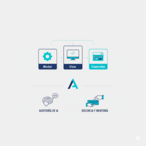 Diagrama técnico que muestra la arquitectura MVC (Modelo, Vista, Controlador) conectada con los pilares de Auditoría de IA y Docencia mediante iconos minimalistas y líneas de flujo limpias.